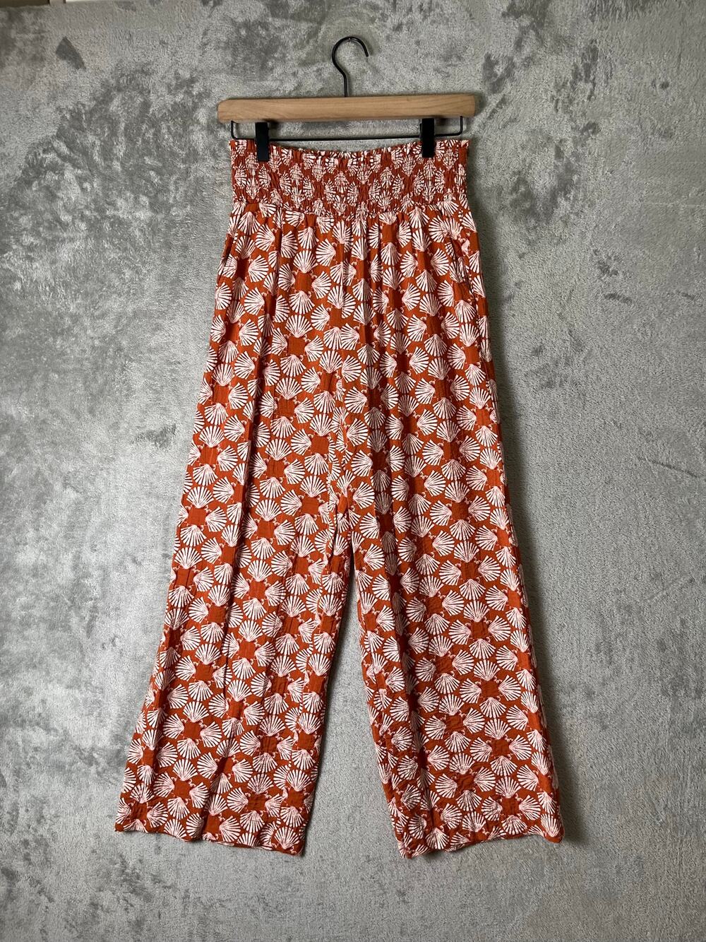 Maeve Rust White Printed Wide Leg Pants Smocked Waist Boho Resort Casual Size XS